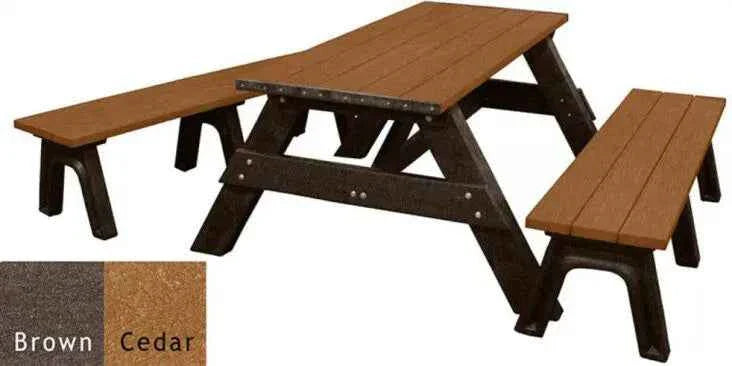 Picnic table with detached benches, cedar slatted tabletop and dark brown base frame