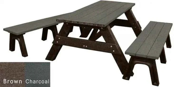 Recycled plastic picnic table with detached benches, dark charcoal top and dark brown frame