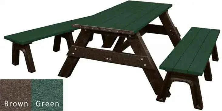 Recycled plastic picnic table with detached benches, green top and dark brown frame