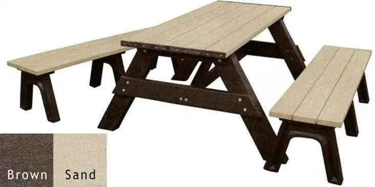 Recycled plastic picnic table with detached benches, light sand top and dark brown frame