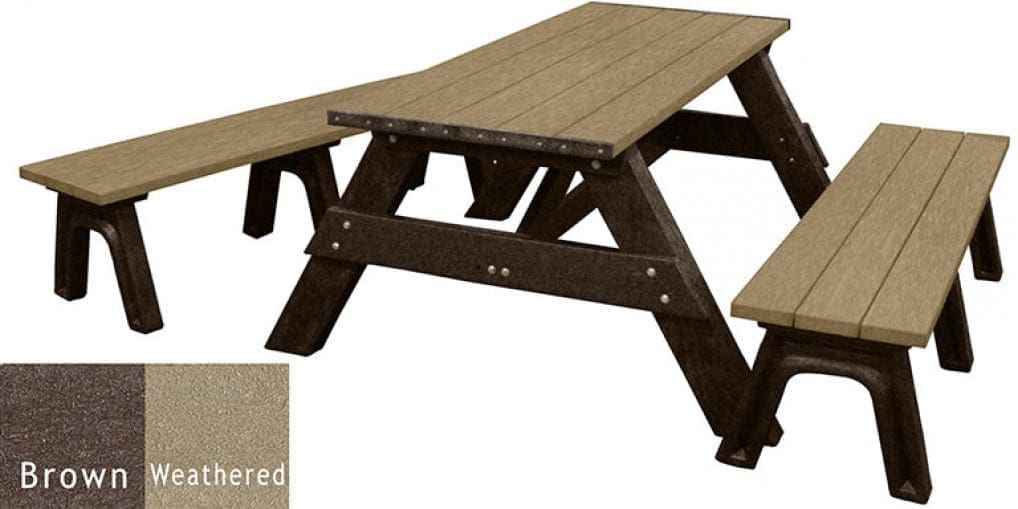 Recycled plastic picnic table with detached benches, weathered brown top and dark brown frame