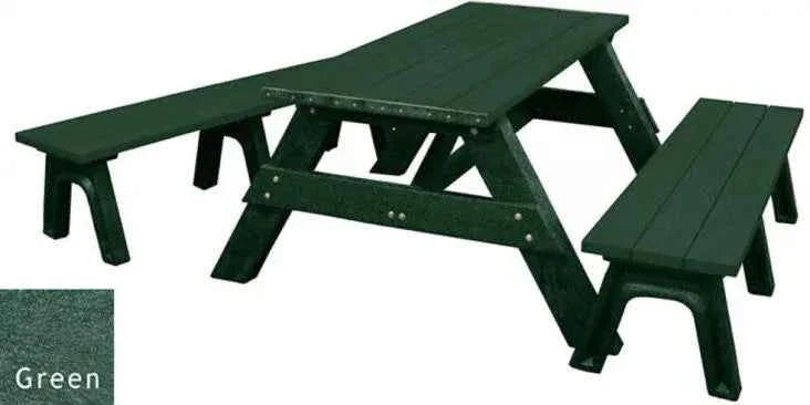 Recycled plastic picnic table with detached benches, green top and dark green frame