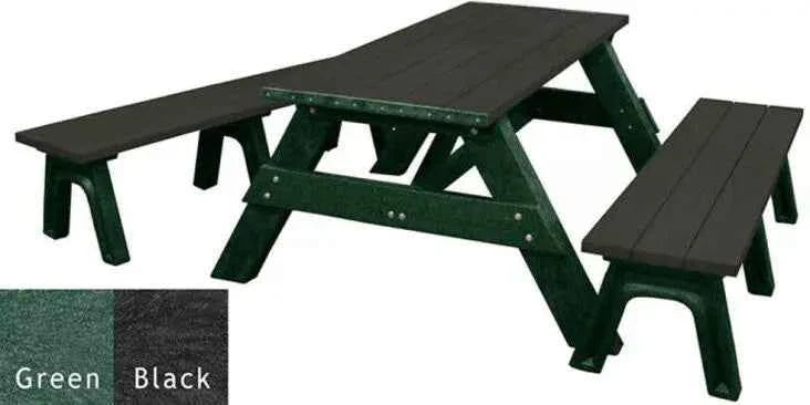 Recycled plastic picnic table with detached benches, dark top and green frame