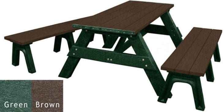 Recycled plastic picnic table with detached benches, brown top and green frame