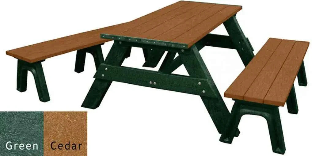 Recycled plastic picnic table with detached benches, cedar top and green frame