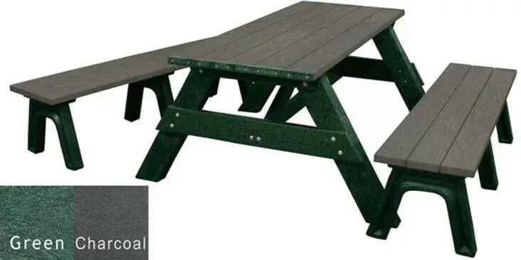 Recycled plastic picnic table with detached benches, green top and dark green frame