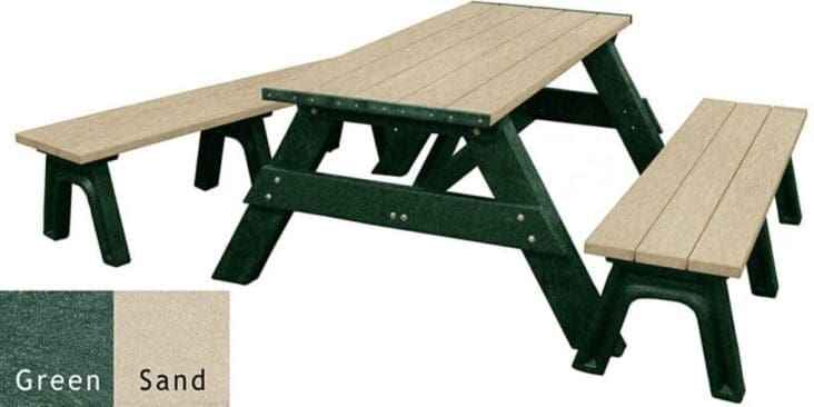 Recycled plastic picnic table with detached benches, light sand top and green frame