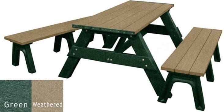 Outdoor picnic table with detached benches, weathered wood top and dark green frame