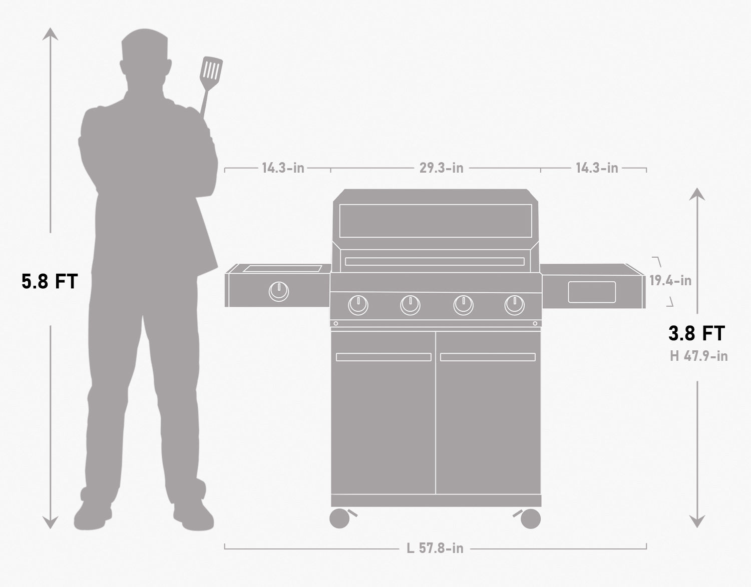 Gas grill size diagram with front controls and side shelf, labeled dimensions