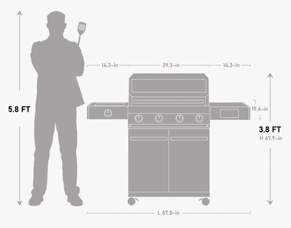 Gas grill size diagram with front controls and side shelf, labeled dimensions