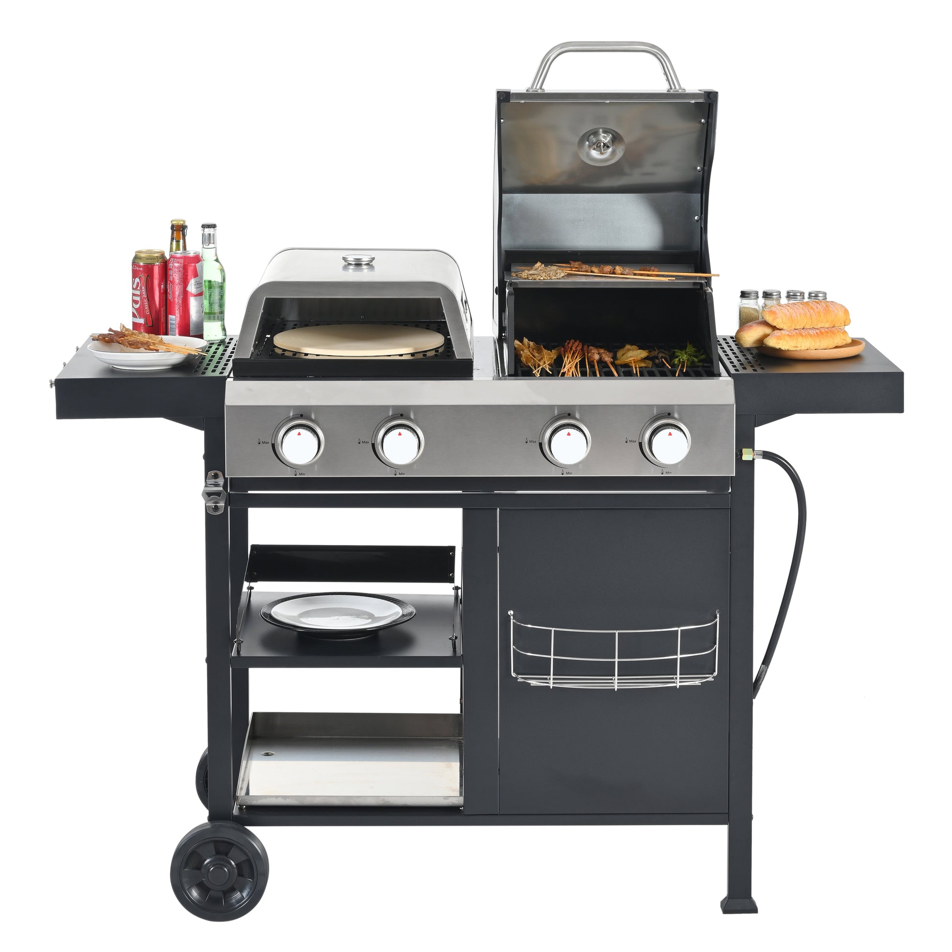 Black and stainless gas grill with pizza oven, open hood, side shelves and storage basket