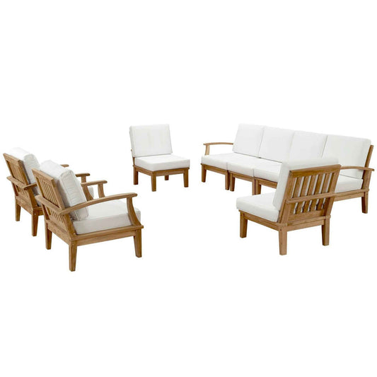 Outdoor teak sectional set with white cushions, includes loveseat and lounge chair