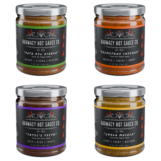 Hot sauce jar with dark green label, extra hot tomatillo & pepper sauce text