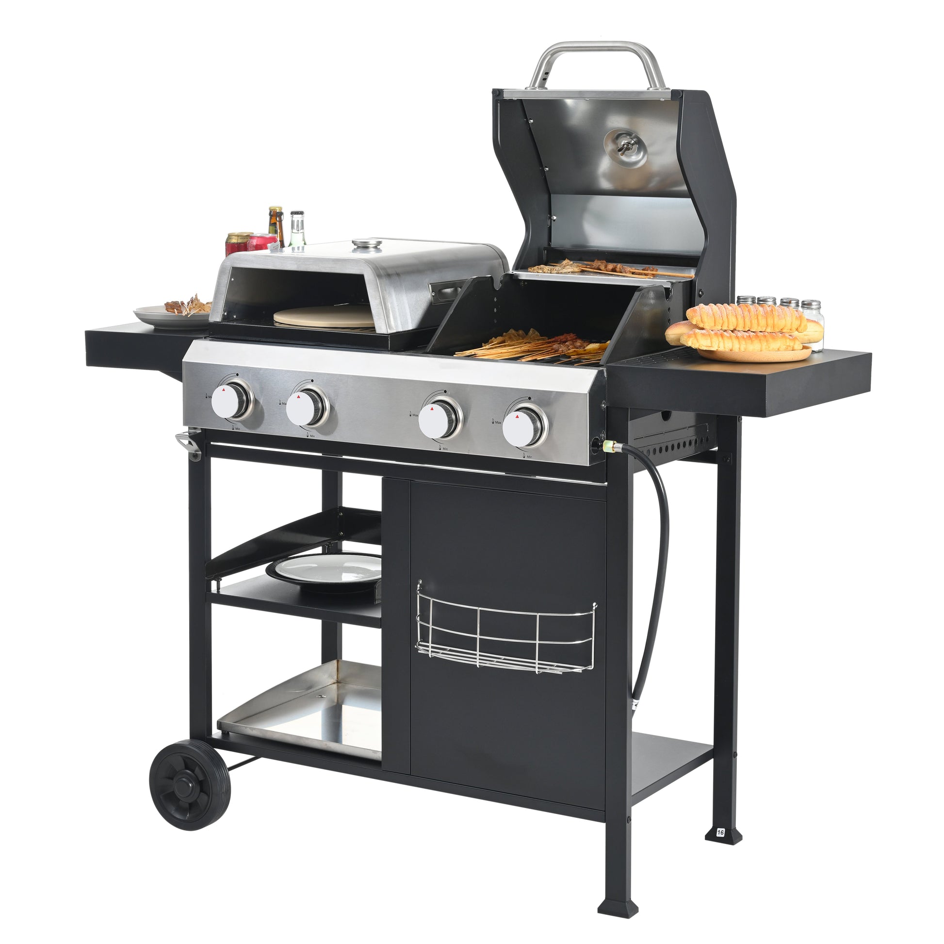 Gas grill and griddle combo with open lid, grates, side shelves, and grilling food