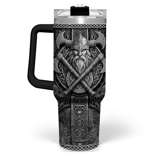 40oz black insulated tumbler with handle, silver Viking engraving wrap and black lid
