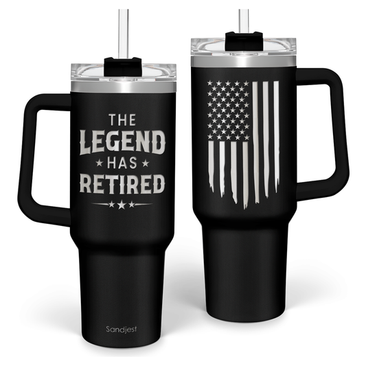 Black 40oz tumbler with handle and clear lid, “The Legend Has Retired” graphic