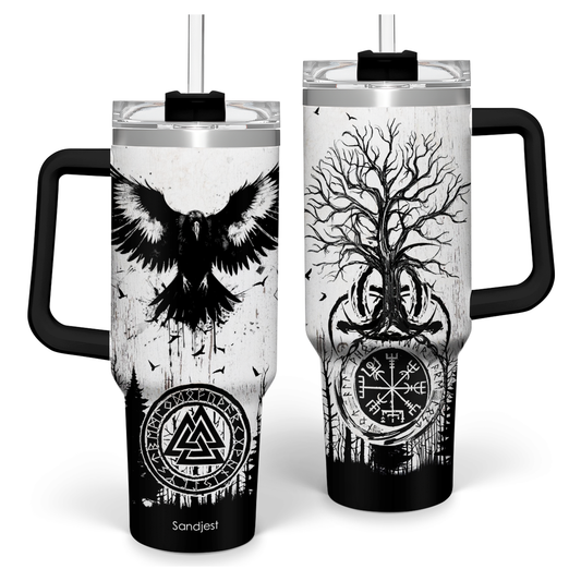 40oz white tumbler with black handle and lid, black Viking eagle and crest graphic