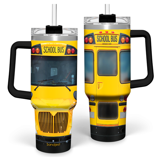 Yellow school bus graphic tumbler with black handle and lid, 40oz-style drinking cup.