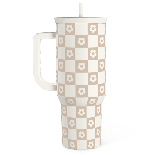 40oz Slidemate slider tumbler with handle, tan and white checker daisy pattern, lid