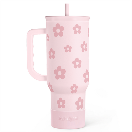 40oz pink floral slider tumbler with handle and clear lid; included straw
