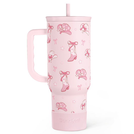 Pink 40oz slider tumbler with handle, cowgirl pattern, straw lid.
