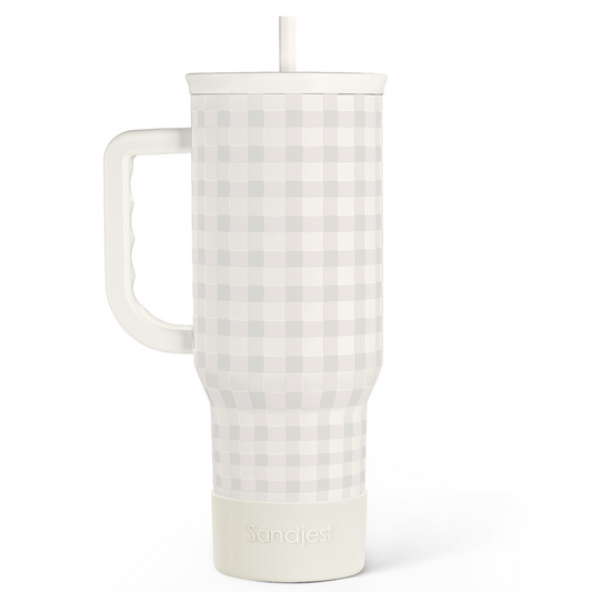 40oz grey gingham slider tumbler with handle, straw and lid