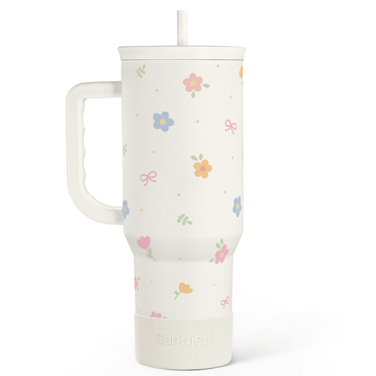 40oz floral slide tumbler with handle; white with pastel flowers and straw