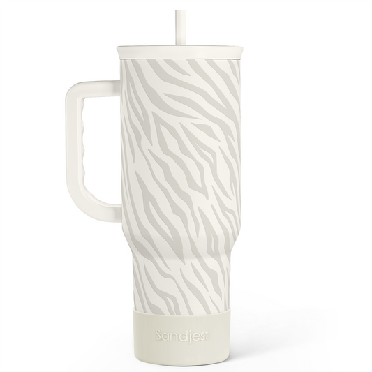 40oz insulated slide-top tumbler with handle, white zebra stripe pattern