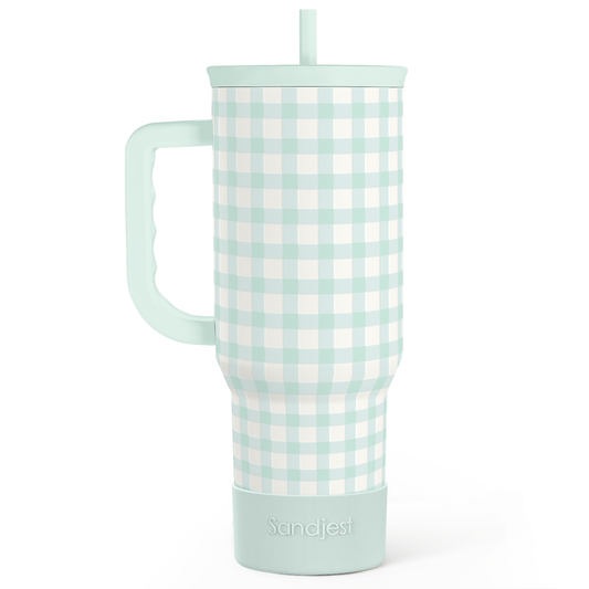 Mint gingham 40oz insulated slider tumbler with handle and straw, frosted look