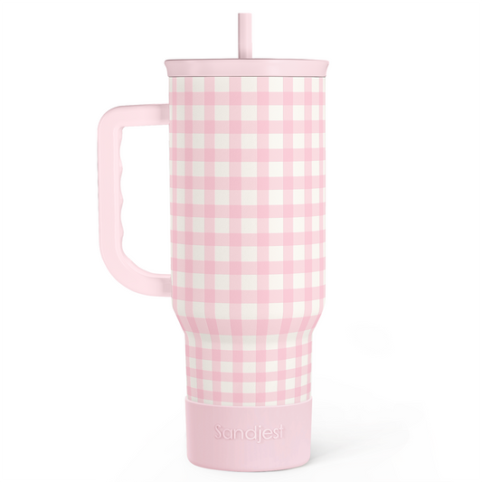 Pink gingham 40oz tumbler with handle and lid, frosted pink finish
