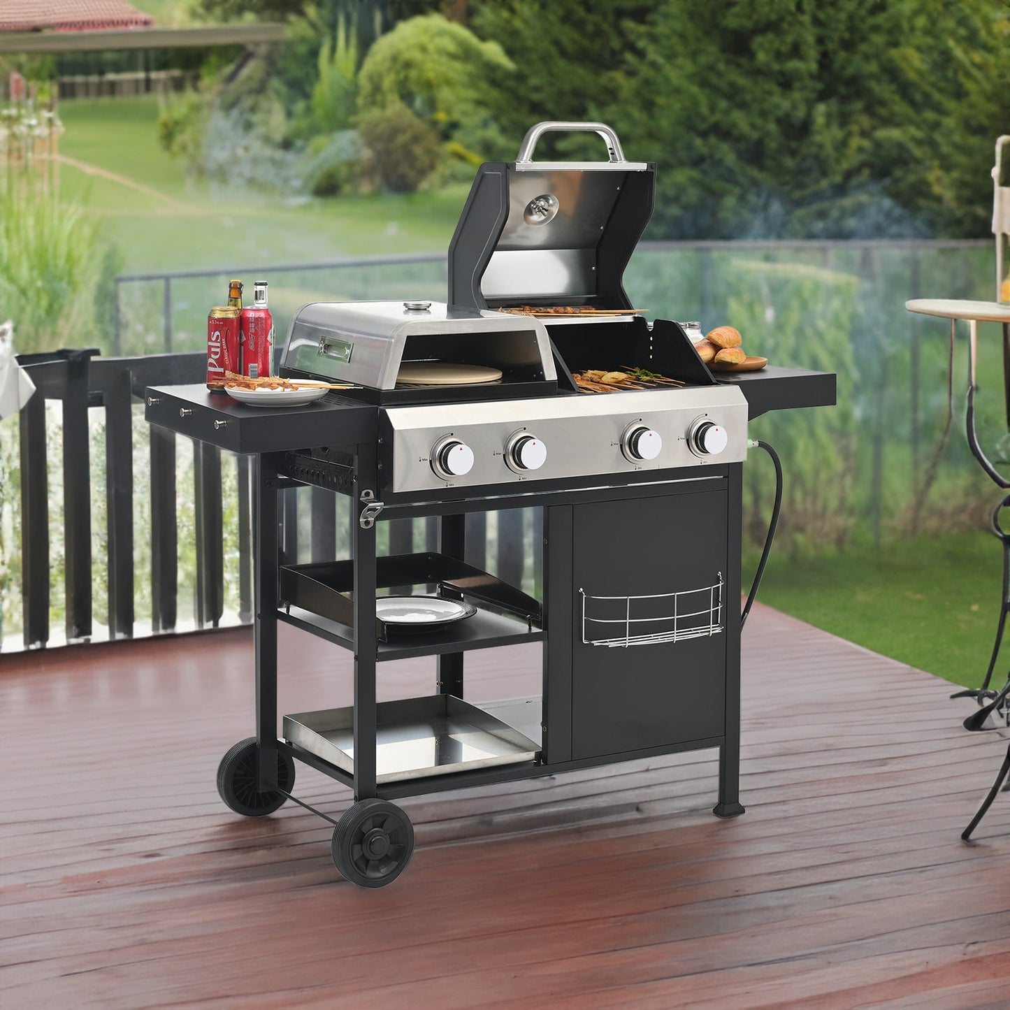 Black and silver gas grill and griddle combo with open lid, side shelves, and wheels