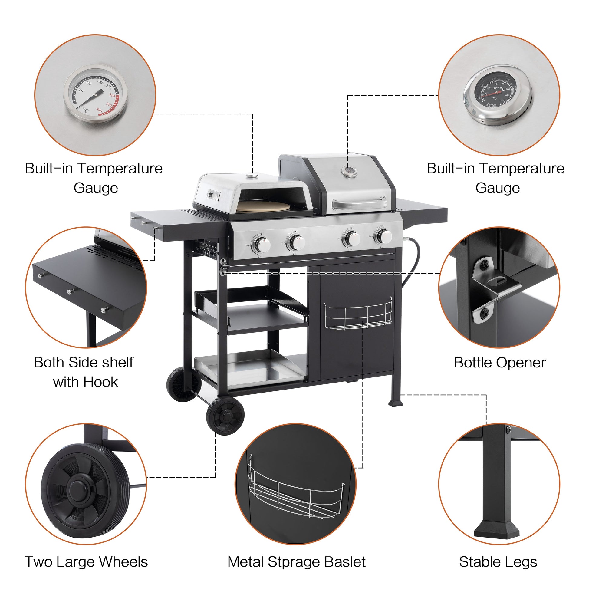Gas grill and griddle combo feature diagram with temperature gauges, shelf, wheels, and legs