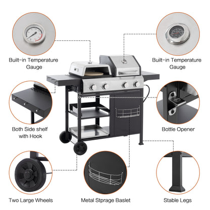 Gas grill and griddle combo feature diagram with temperature gauges, shelf, wheels, and legs