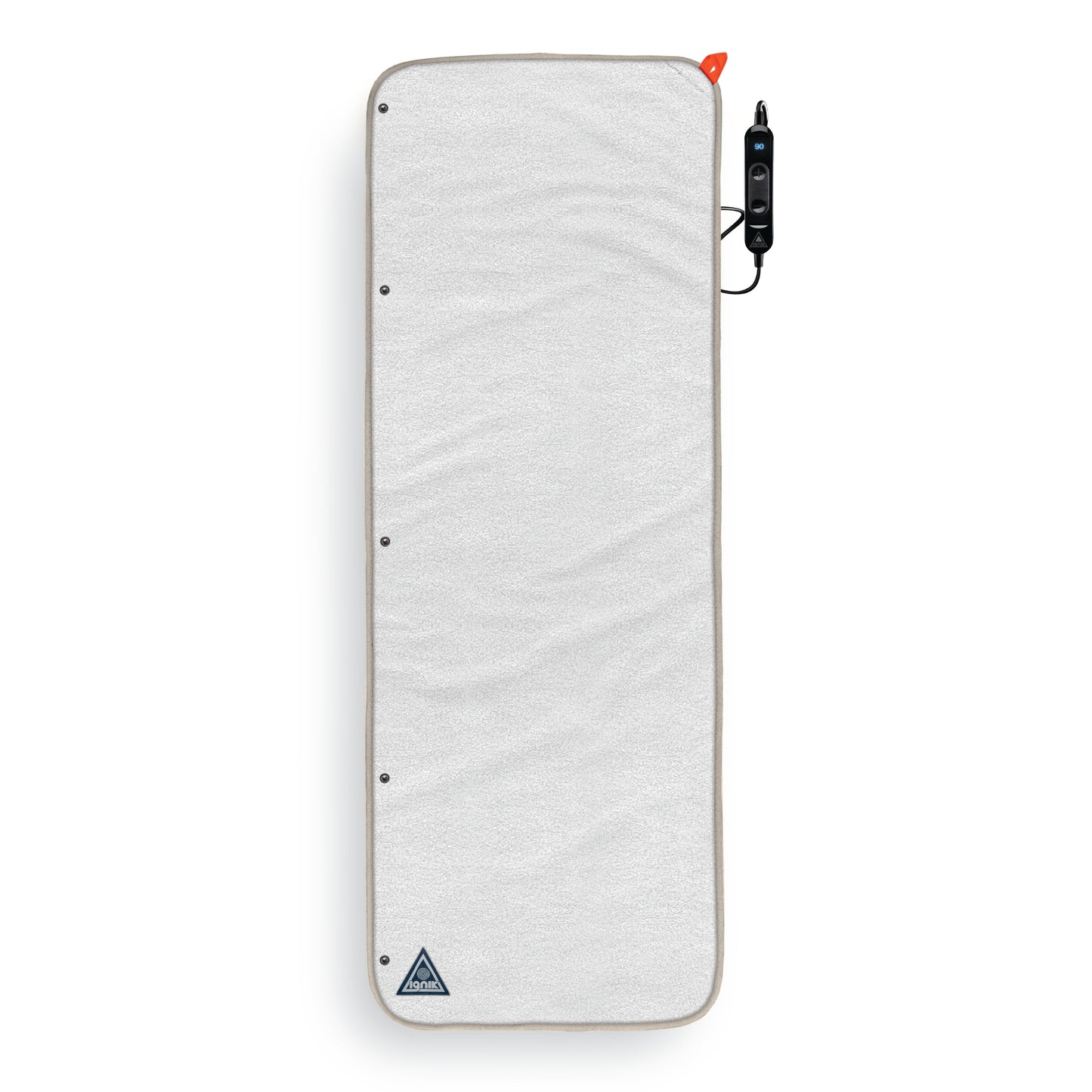 Light gray heated fleece bed cover with power controller, heating lines not illuminated