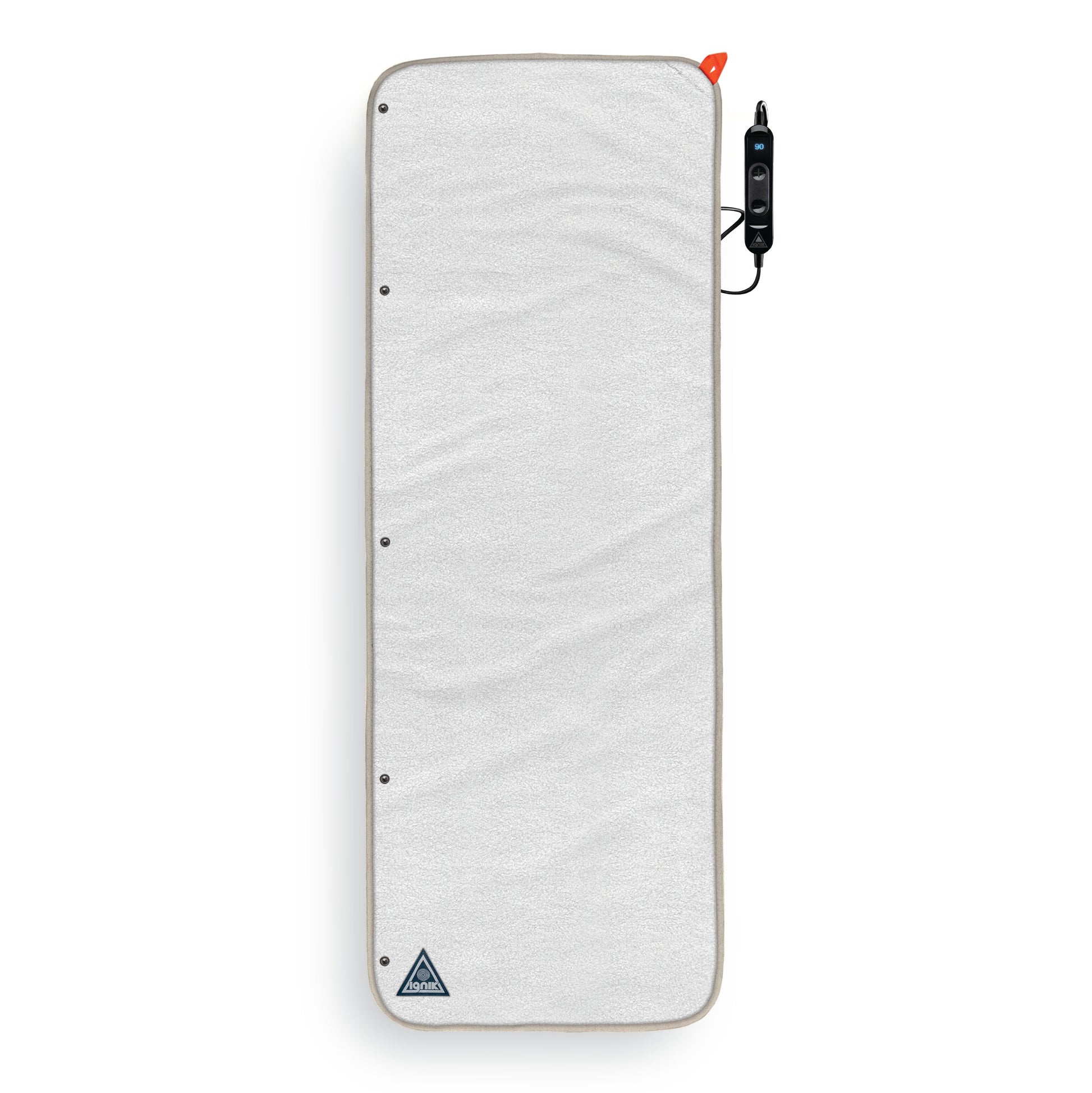 Light gray heated fleece bed cover with power controller, heating lines not illuminated