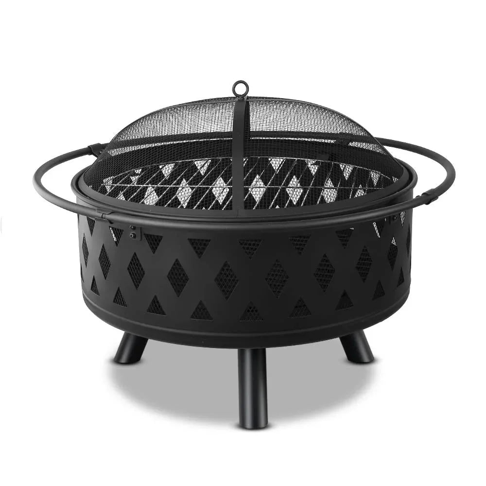 Portable charcoal fire pit grill with mesh dome, patterned bowl, and three short legs