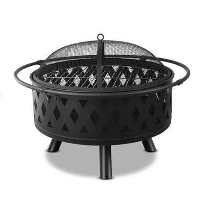 Portable charcoal fire pit grill with mesh dome, patterned bowl, and three short legs