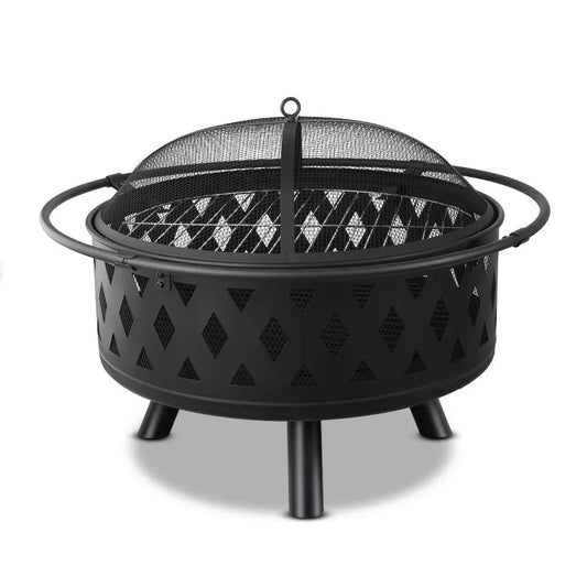 Portable charcoal fire pit grill with mesh dome, patterned bowl, and three short legs