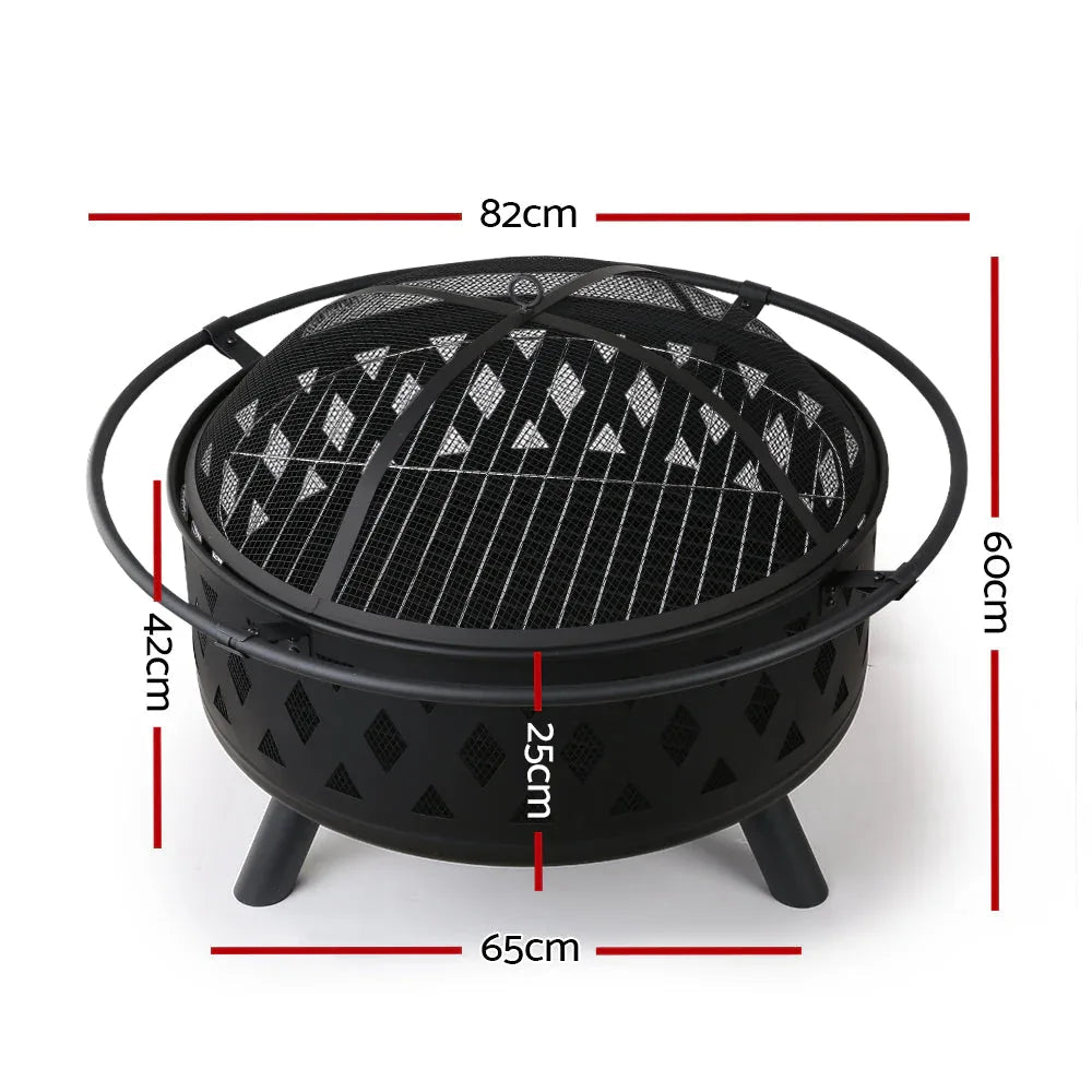 Portable fire pit BBQ grill, mesh lid and curved carry handle on patterned steel bowl