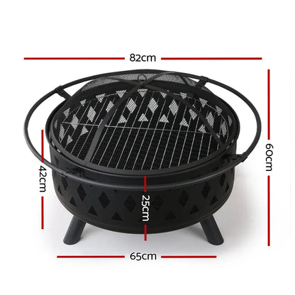 Portable fire pit BBQ grill, mesh lid and curved carry handle on patterned steel bowl