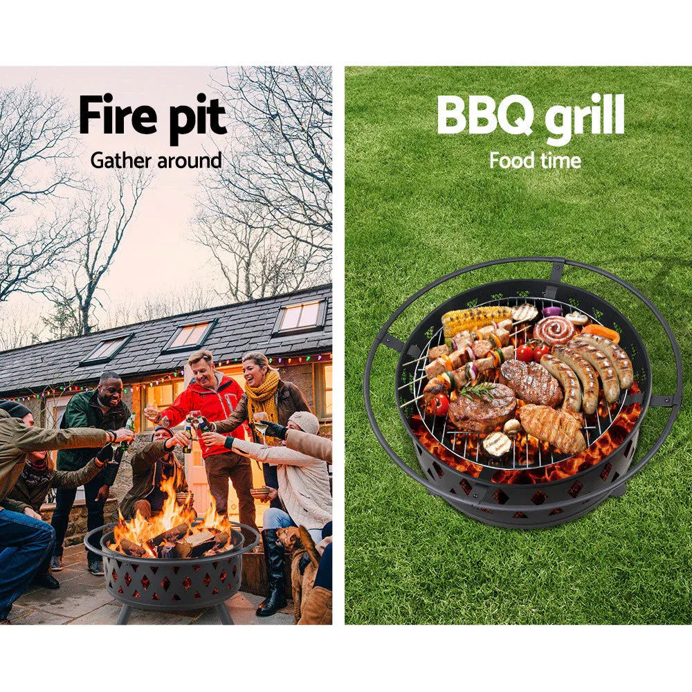 Portable BBQ fire pit grill with domed mesh screen, cooking food on the wire grate