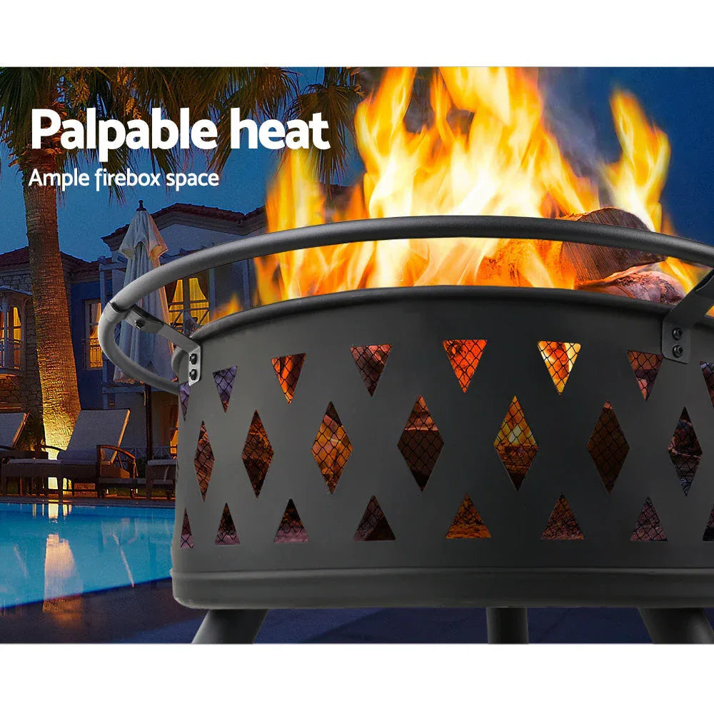 Portable fire pit BBQ grill with arched handle and raised mesh dome over burning coals
