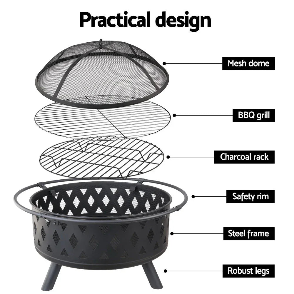 Portable BBQ fire pit grill diagram showing mesh dome, grill grate, charcoal rack, and steel frame
