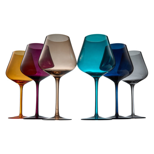 Set of colored stemmed wine glasses in amber, plum, teal, blue, and clear