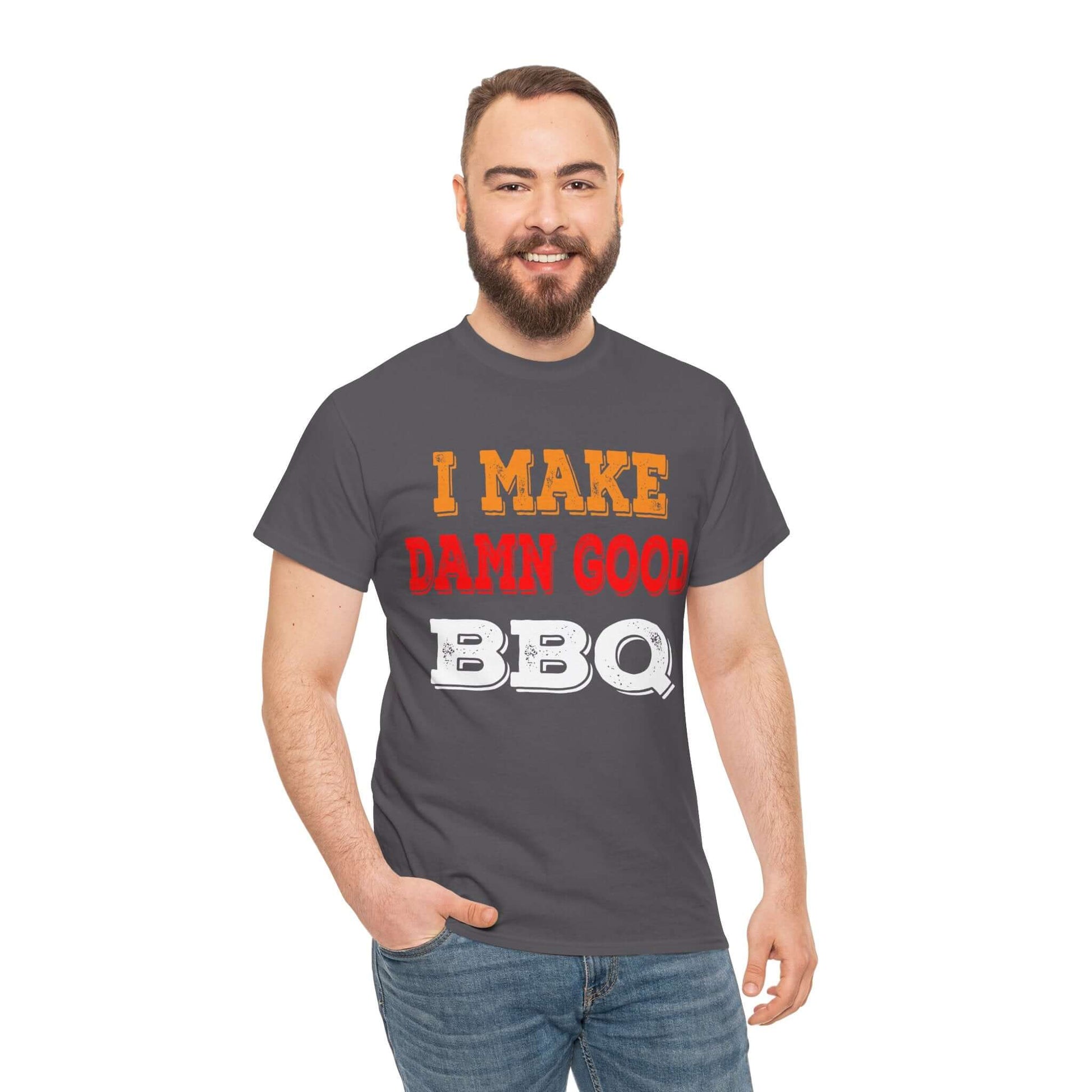 Charcoal BBQ graphic T-shirt with 'I MAKE DAMN GOOD' and 'BBQ' text print
