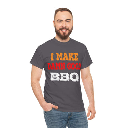 Charcoal BBQ graphic T-shirt with 'I MAKE DAMN GOOD' and 'BBQ' text print