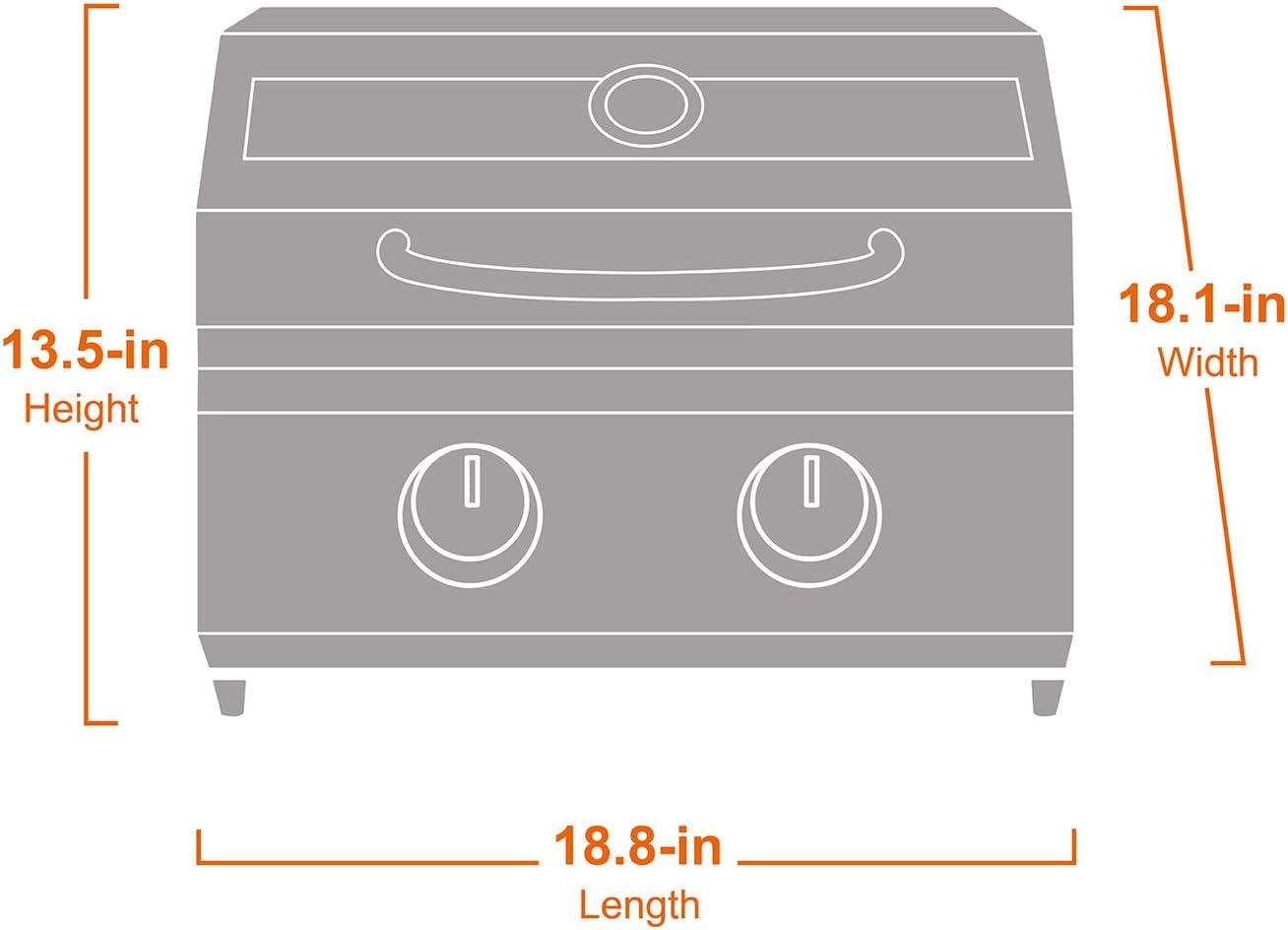 Stainless tabletop propane gas grill front view with two control knobs and top handle