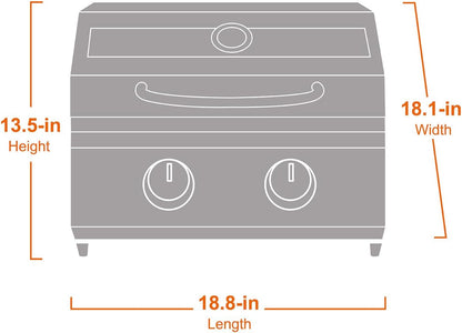Stainless tabletop propane gas grill front view with two control knobs and top handle