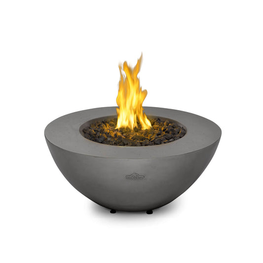 36-inch round fire table with dark gray bowl and visible flame in center