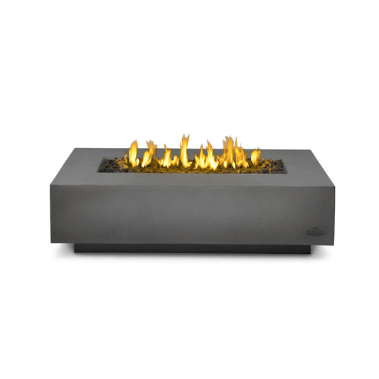 Dark gray rectangular outdoor fire table with flames in recessed burner